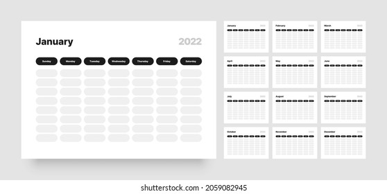 Printable weekly planner template. Business organizer page for effective planning. Twelve months for 2022. Week starts on Sunday.