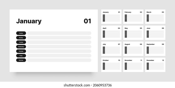 Printable weekly planner template. Business organizer page for effective planning. Twelve months. Week starts on Sunday.