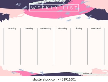 Printable weekly planner template design decorated with hand drawn colorful brush strokes in fuchsia, pastel pink and dark purple.