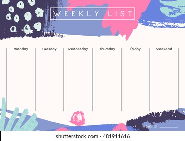 Printable weekly planner template design decorated with hand drawn colorful brush strokes in fuchsia, pastel green, lavender and dark purple.