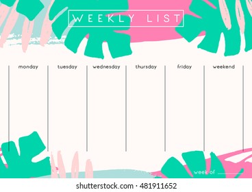 Printable weekly planner template design decorated with hand drawn green tropical leaves and colorful brush strokes in fuchsia, pastel pink and light blue.