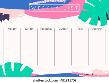 Printable weekly planner template design decorated with hand drawn green tropical leaves and colorful brush strokes in fuchsia, pastel pink and blue.