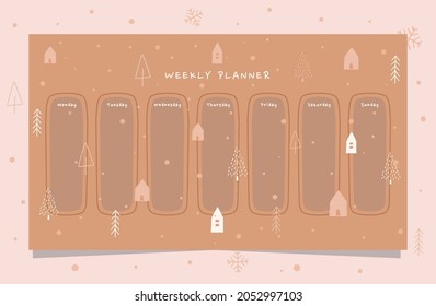 Printable winter holiday weekly planner with brown cream colors hand-drawn illustration.