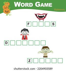 Printable word game worksheet for toddlers. Writing Halloween items worksheet for children. Educational printable worksheet. Preschool Education. Vector illustration.