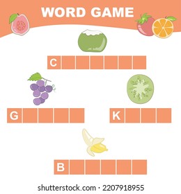 Printable word game worksheet for toddlers. Writing fruits name worksheet for children. Educational printable worksheet. Preschool Education. Vector illustration.