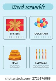 Actividad de vacaciones de word scramble para niños en edad preescolar con Elementos de cumpleaños diseñados para divertidos juegos de aprendizaje temprano