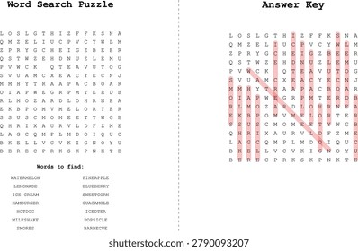 A printable word search puzzle featuring delicious seasonal treats and barbecue favorites like ice cream, watermelon, and hamburger. This engaging activity sheet is perfect for vocabulary practice, themed party games, and relaxing afternoon entertainment. It features a clean, professional grid layout designed for high-quality printing and universal use.
