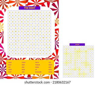 Printable word search puzzle. Fun vocabulary worksheet for learning English words. Find hidden words. Party card. Educational game for kid and adult. The body theme.