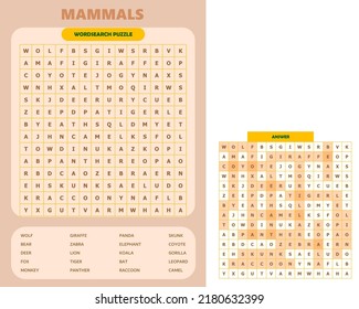 Rompecabezas de búsqueda de palabras imprimibles. Hoja de cálculo de vocabulario divertida para aprender palabras en inglés. Buscar palabras ocultas. Tarjeta de fiesta. Juego educativo para niños y adultos. Tema de los mamíferos.