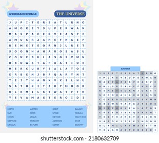 Printable word search puzzle. Fun vocabulary worksheet for learning English words. Find hidden words. Party card. Educational game for kid and adult. The universe theme.