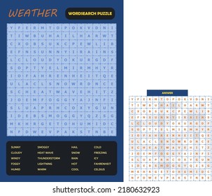 Printable word search puzzle. Fun vocabulary worksheet for learning English words. Find hidden words. Party card. Educational game for kid and adult. The weather theme.