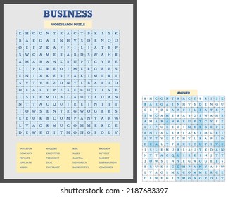 Printable word search puzzle. Fun vocabulary worksheet for learning English words. Find hidden words. Party card. Educational game for kid and adult. Business theme.