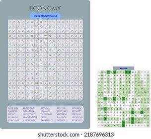 Printable word search puzzle. Fun vocabulary worksheet for learning English words. Find hidden words. Party card. Educational game for kid and adult. Economy Theme.