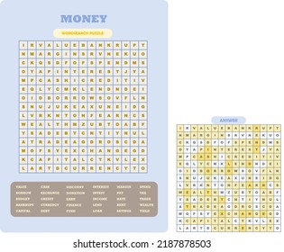 Printable Word Search Puzzle. Fun Vocabulary Worksheet For Learning English Words. Find Hidden Words. Party Card. Educational Game For Kid And Adult. Money Theme.