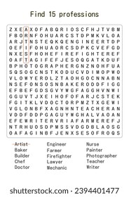 Printable Word Searches . Word search puzzles.  Crossword Find 15 professions (jobs). Worksheet for class or at home with the kids. A4 size. Vertical orientation.