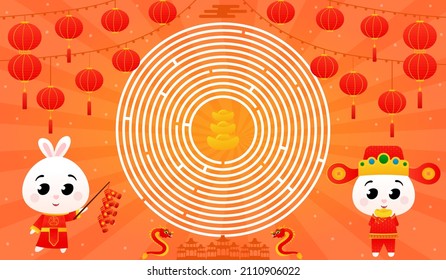 Printable worksheet with circle maze with cute rabbits in traditional chinese costumes and holding firecrackers and find way to ingots in cartoon style on orange background