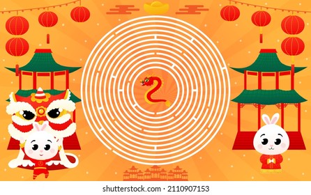 Printable worksheet with circle maze with cute rabbits in traditional chinese costumes dancing lion dance and dragon, lucky cat in cartoon style on orange background