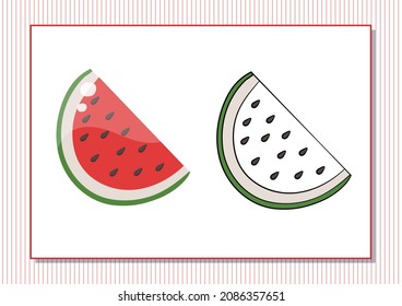 Printable worksheet. Coloring book. Cute cartoon watermelon. Vector illustration. Horizontal A4 page Color red