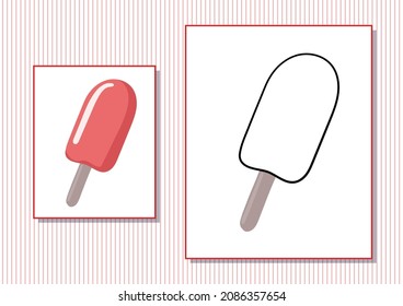 Hoja de cálculo imprimible. Libro de colorear. Helado de dibujos animados. Ilustración vectorial. Color rojo de la página A4 horizontal