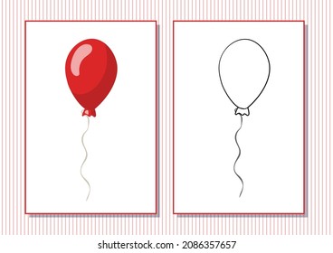 Printable worksheet. Coloring book. Cute cartoon balloon. Vector illustration. Horizontal A4 page Color red