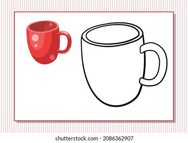 Printable worksheet. Coloring book. Cute cartoon cup. Vector illustration. Horizontal A4 page Color red