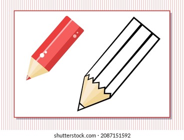 Printable worksheet. Coloring book. Cute cartoon pencil. Vector illustration. Horizontal A4 page Color red
