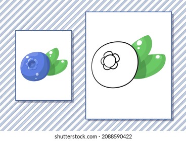 Printable worksheet. Coloring book. Cute cartoon blueberry. Vector illustration. Horizontal A4 page Color blue.