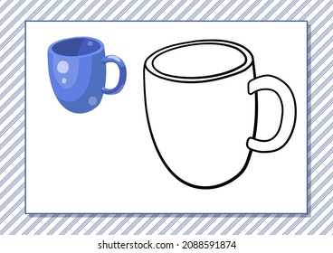 Printable worksheet. Coloring book. Cute cartoon cup. Vector illustration. Horizontal A4 page Color blue