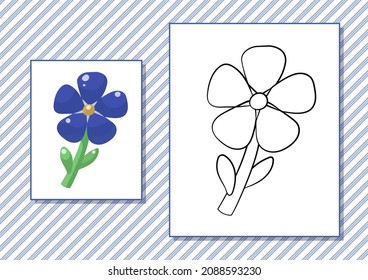 Hoja de cálculo imprimible. Libro de colorear. Flor de dibujos animados. Ilustración vectorial. Color azul de la página A4 horizontal