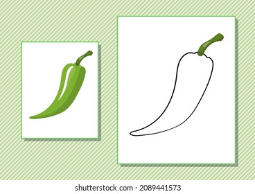 Printable worksheet. Coloring book. Cute cartoon pepper. Vector illustration. Horizontal A4 page Color green
