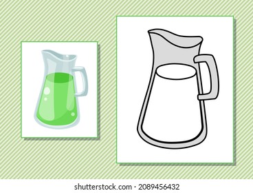 Printable worksheet. Coloring book. Cute cartoon juice in jar. Vector illustration. Horizontal A4 page Color green.