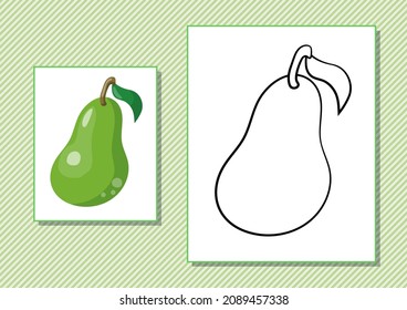 Printable worksheet. Coloring book. Cute cartoon pear. Vector illustration. Horizontal A4 page Color green.