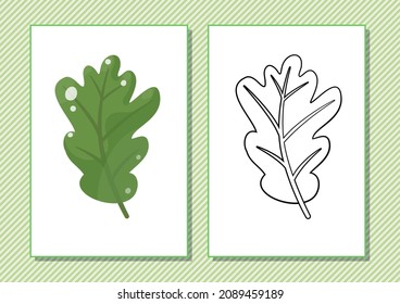 Druckbares Arbeitsblatt. Farbbuch. Cute Cartoon Eichenblatt. Vektorgrafik. Horizontal A4 Seite Farbe Grün.