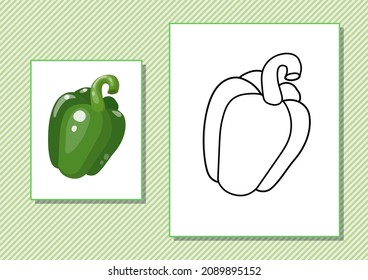 Printable worksheet. Coloring book. Cute cartoon bell pepper. Vector illustration. Horizontal A4 page Color green