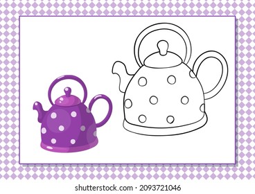 Printable worksheet. Coloring book. Cute cartoon teapot. Vector illustration. Horizontal A4 page Color violet.