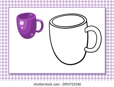 Printable worksheet. Coloring book. Cute cartoon cup. Vector illustration. Horizontal A4 page Color violet.