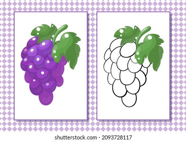 Printable worksheet. Coloring book. Cute cartoon grape. Vector illustration. Horizontal A4 page Color violet.