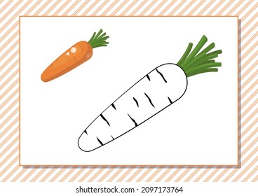 Printable worksheet. Coloring book. Cute cartoon carrot. Vector illustration. Horizontal A4 page Color orange.
