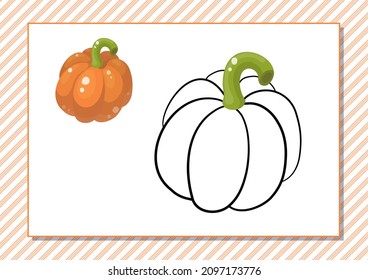 Printable worksheet. Coloring book. Cute cartoon pumpkin. Vector illustration. Horizontal A4 page Color orange