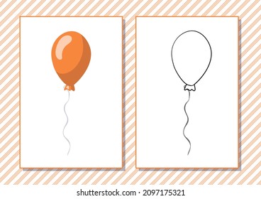 Printable worksheet. Coloring book. Cute cartoon balloon. Vector illustration. Horizontal A4 page Color orange