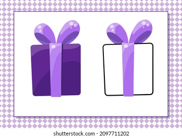 Printable worksheet. Coloring book. Cute cartoon gift box. Vector illustration. Horizontal A4 page Color violet