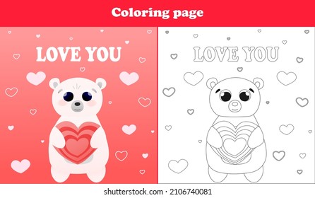 Printable worksheet with coloring page for valentine day with cute bear character holding heart candy and love text in cartoon style
