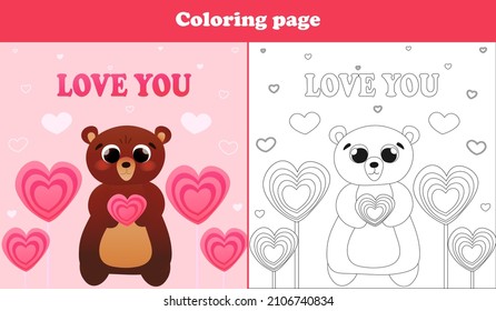 Printable worksheet with coloring page for valentine day with cute bear character holding heart candy and candy trees in cartoon style