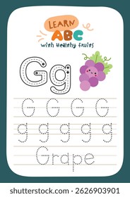 Printable worksheet with cute kawaii fruit theme for kids to trace alphabet letters while learning about healthy fruits fun activity for preschool and kindergarten education.