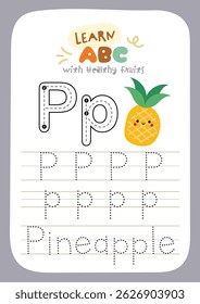 Printable worksheet with cute kawaii fruit theme for kids to trace alphabet letters while learning about healthy fruits fun activity for preschool and kindergarten education.