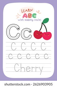 Printable worksheet with cute kawaii fruit theme for kids to trace alphabet letters while learning about healthy fruits fun activity for preschool and kindergarten education.