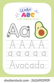 Printable worksheet with cute kawaii fruit theme for kids to trace alphabet letters while learning about healthy fruits fun activity for preschool and kindergarten education.