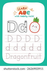 Printable worksheet with cute kawaii fruit theme for kids to trace alphabet letters while learning about healthy fruits fun activity for preschool and kindergarten education.