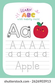 Printable worksheet with cute kawaii fruit theme for kids to trace alphabet letters while learning about healthy fruits fun activity for preschool and kindergarten education.