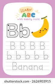 Planilha imprimível com tema de frutas kawaii bonito para as crianças traçar letras do alfabeto enquanto aprendem sobre frutas saudáveis diversão atividade para a educação pré-escolar e jardim de infância.